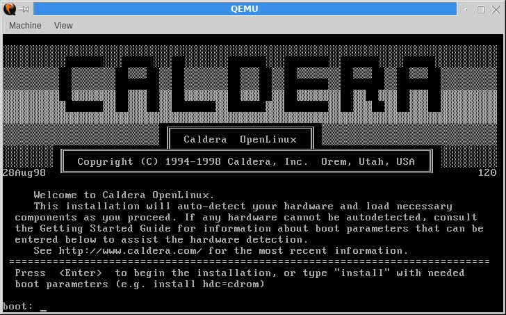 Initial Caldera OpenLinux boot screen