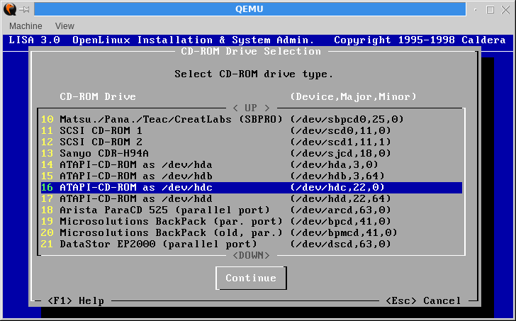 Selecting '16 ATAPI-CD-ROM as /dev/hdc' for CD-ROM drive and type