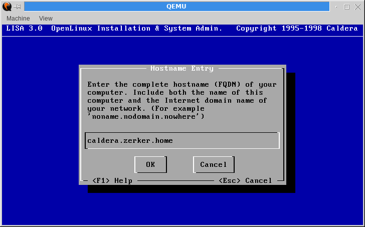 Setting newly-installed hostname. This shows an example of 'caldera.zerker.home'