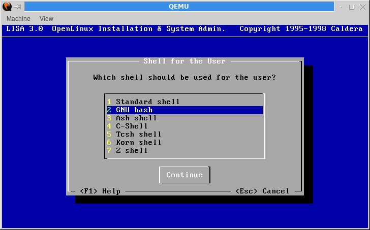 Selecting '2 GNU bash' as the default shell