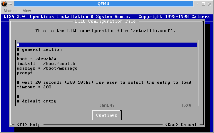 Screen showing the LILO configuration file